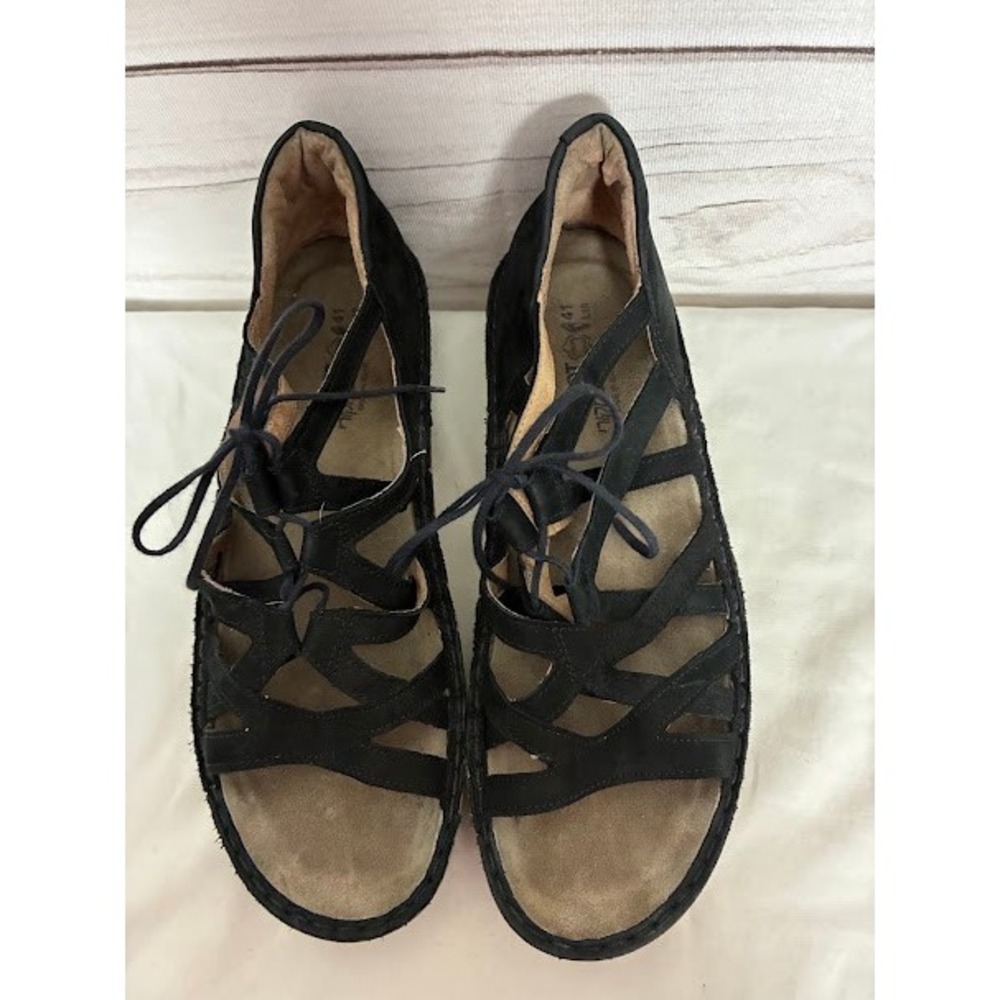 Naot Black Leather‎ Strappy Lace Up Gladiator Wedge Sandals Womens 41 L10